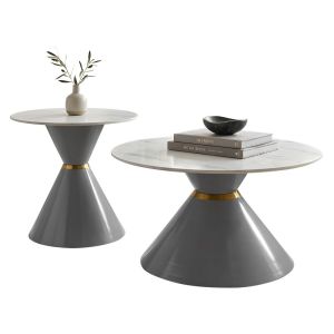 Juego de Mesa De Centro 2 Piezas Mesa Porcelanato Marmol Blanco Base Gris