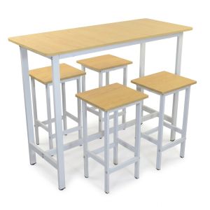 Set Completo Bar con Mesa Barra y 4 Bancos Imitacion Madera Natural