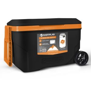 Hielera Grande con Ruedas 80 Latas Modelo Everest Adventure Color Negro Naranja