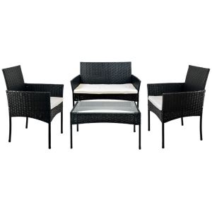 Juego de Sala Para Jardín Estilo Rattan Exterior Negro y Beige 4 Piezas