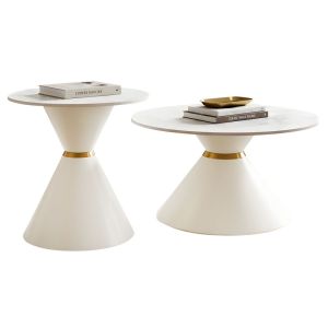 Juego de Mesa De Centro 2 Piezas Mesa Porcelanato Marmol Base Blanco