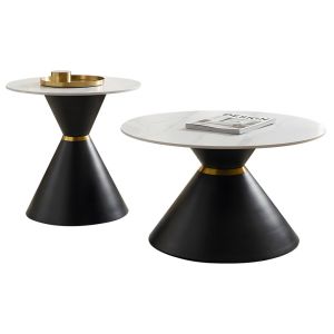 Juego de Mesa De Centro 2 Piezas Mesa Porcelanato Marmol Blanco Base Negra