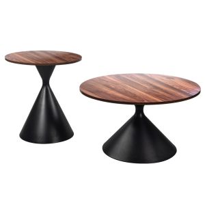 Juego de Mesa De Centro 2 Piezas Mesa Estilo Madera Nuez Base Negro